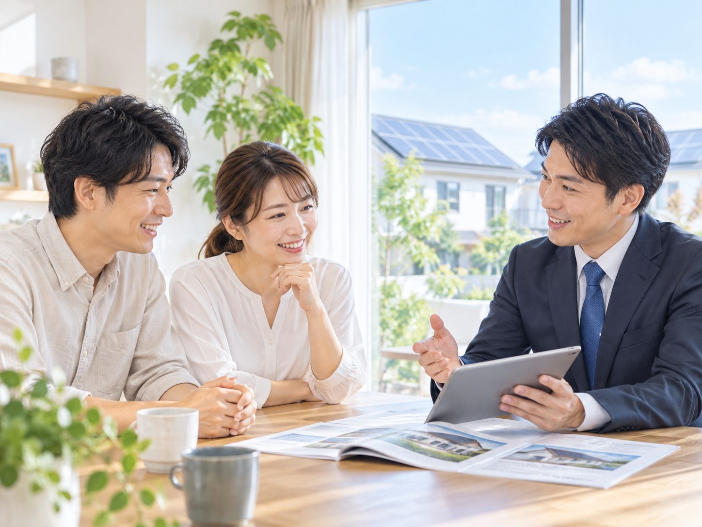 太陽光の相談をする夫婦と担当者