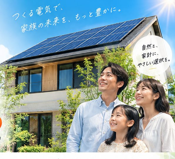 太陽光パネルを設置した住宅と家族
